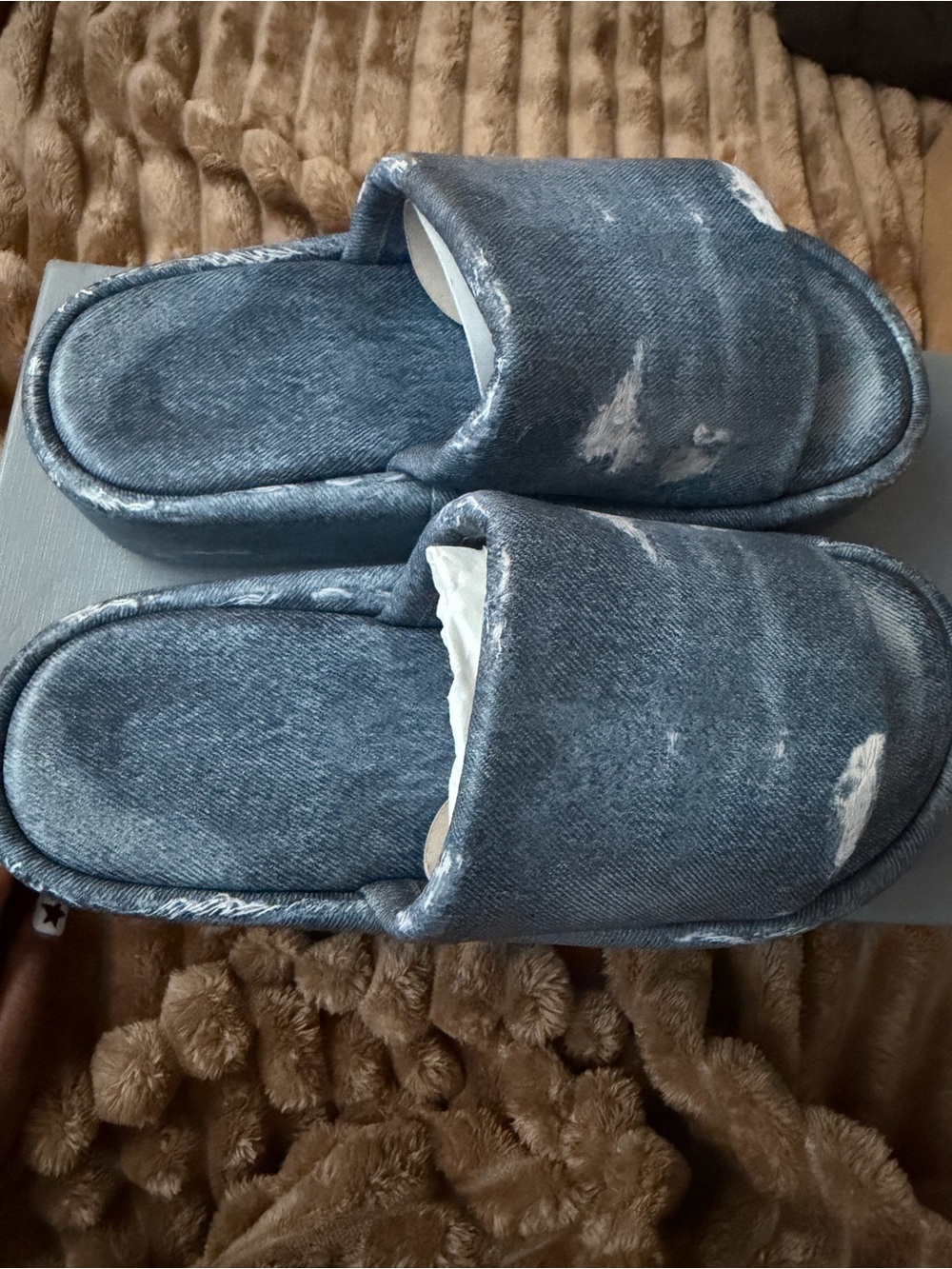 Balenciaga  Distressed Denim Slide Slippers - Blue